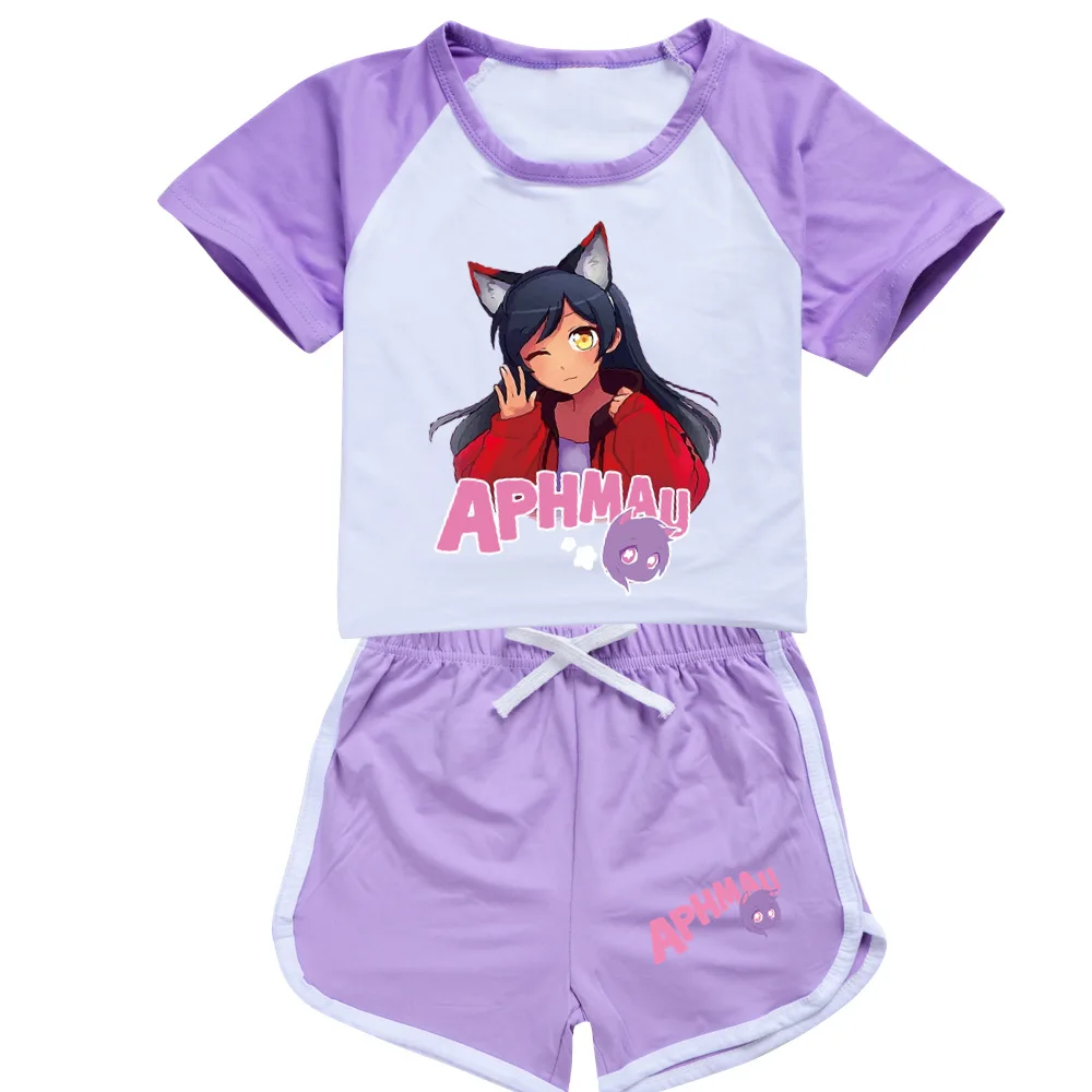 Anime Aphmau Cat Clothes Kids Summer Short Sleeve Tops Shorts 2pcs Sets Baby Girls Cartoon Tshirt Teenager Boys Causal Sportsuit