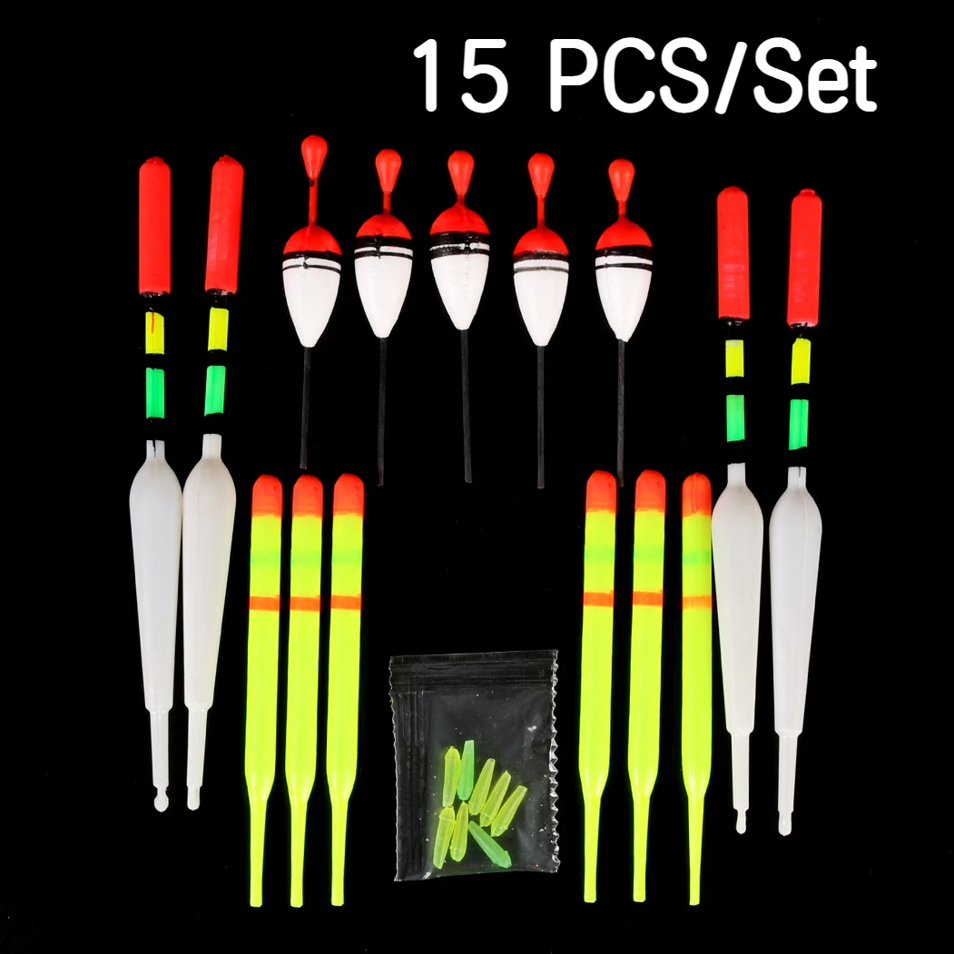 Set 15 flotteurs de pêche verticaux avec élastiques tailles et couleurs variées pour matériel de pêche