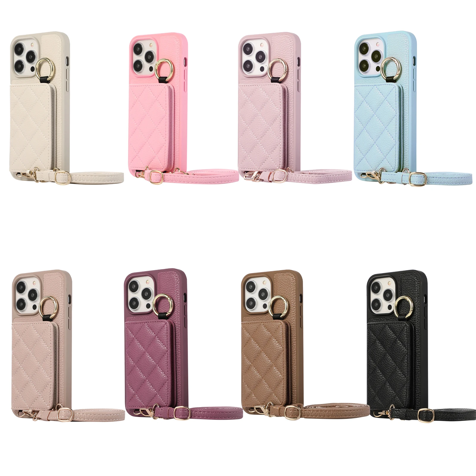 Crossbody Leather Mirror Card Holder Wallet Case For iPhone 15 Pro Max 14 13 12 11, Hand Strap Wristband Kickstand Phone Cover