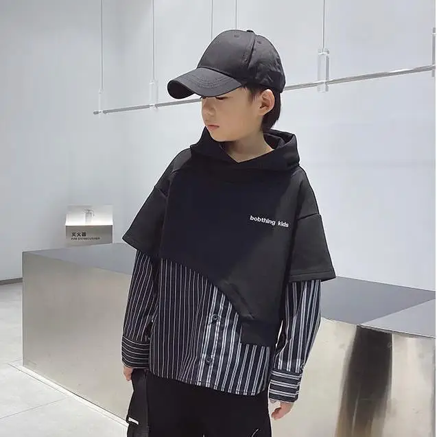 

2024 New Children's Clothing Patchwork Hoodies Stripe Shirt Boy Fashion Pullovers Loose Coat Boom Cool Boys Clothes Tops 5-15Yrs