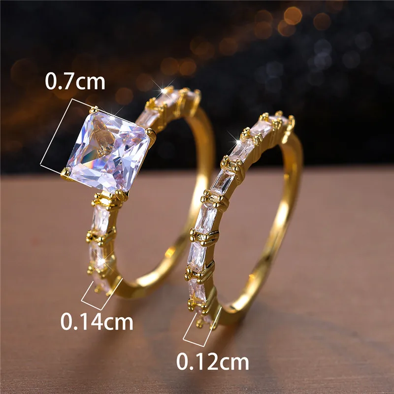 Luxury Female White Zircon Stone Ring Set Trendy Yellow Gold Color Engagement Cute Bride Wedding Jewelry Gift For Women