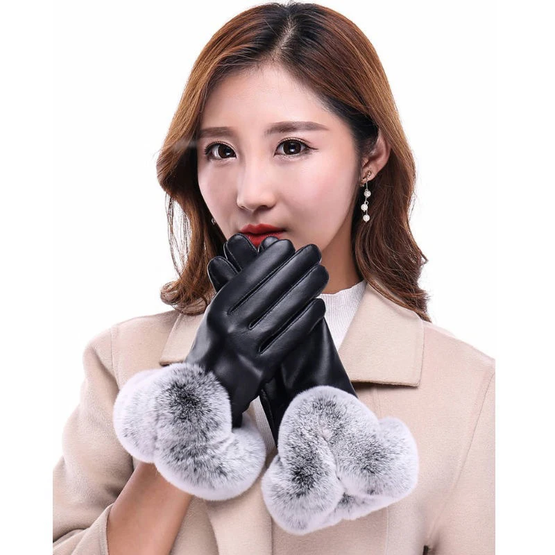 Women gloves 1 Pair Women Winter Warm Gloves PU Leather Rabbit Fur Mittens