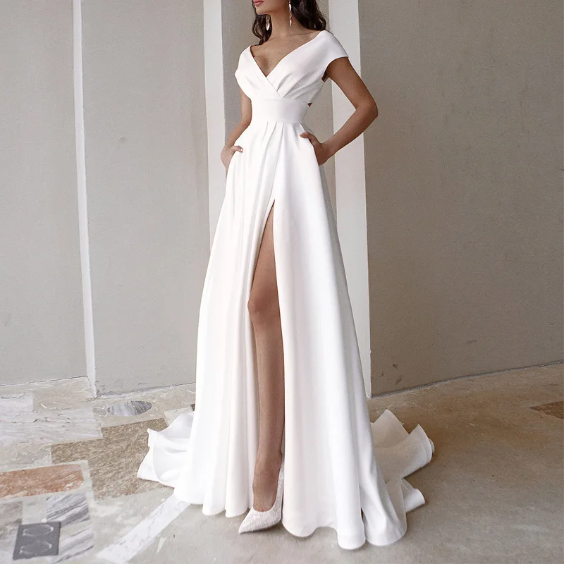 

2024 Ruffled Mid-waist Solid Color Temperament High Split Deep-V Neck Evening Party Dresses Vestido Off Shoulder