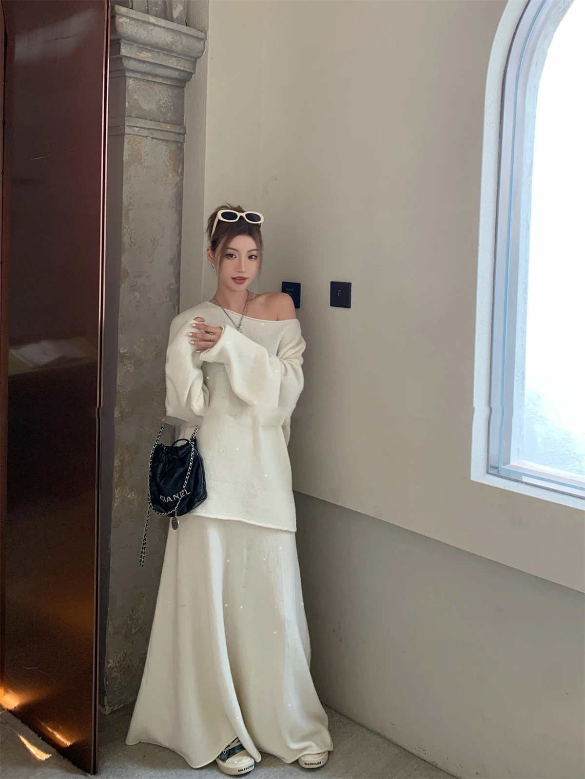 Sexy Soft Elegant Vintage Women Suits 2 Pieces Female Sets Slash Neck Sweater & Midi Dress Bling Knitted TrackSuit