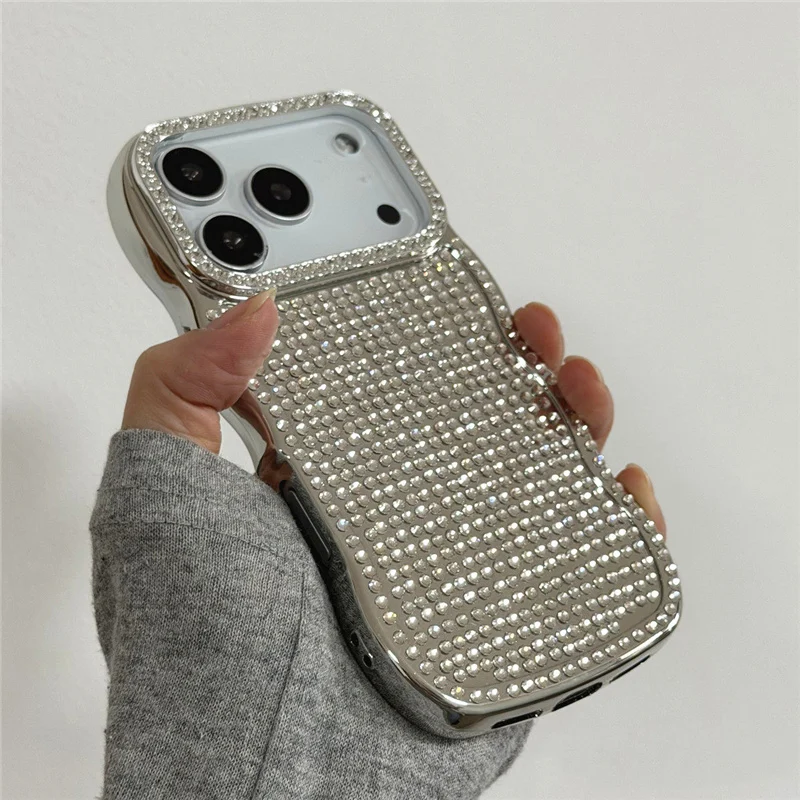 Luxury Silver Sparkling Diamonds Wavy Border Phone Case - Plating Shockproof Back Cover