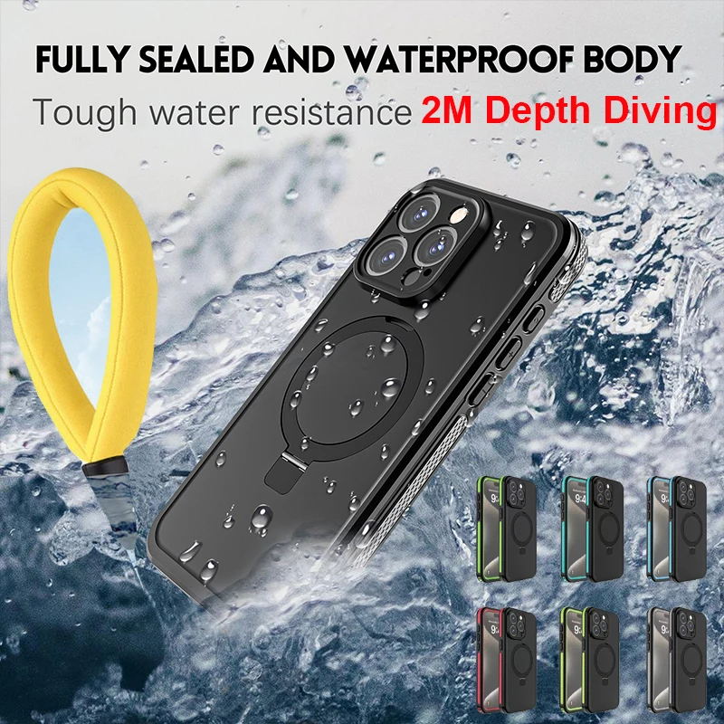 IP68 Waterproof Case For iPhone 15 Pro MAX 15 Plus 2M Depth Diving Swim Outdoor Sports holder Magnetic Charge Cover Shockproof