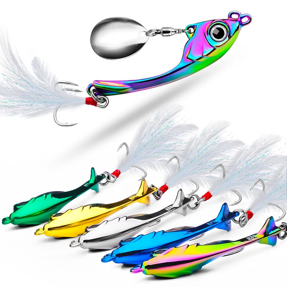 Winter Fishing Hard Baits Tackle 7.5g / 11g / 15g Spinner Fishing Lures  Rotating Sequin Spoon Metal VIB Feather Hook Baits Pesca