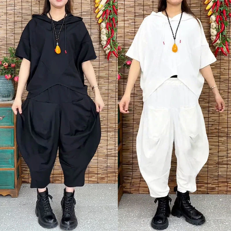 

2022 Spring Summer Arts Style Women Elastic Waist Solid Harem Pants Two-piece Sets Casual Hooded Batwing Sleeve Tee Shirt C221