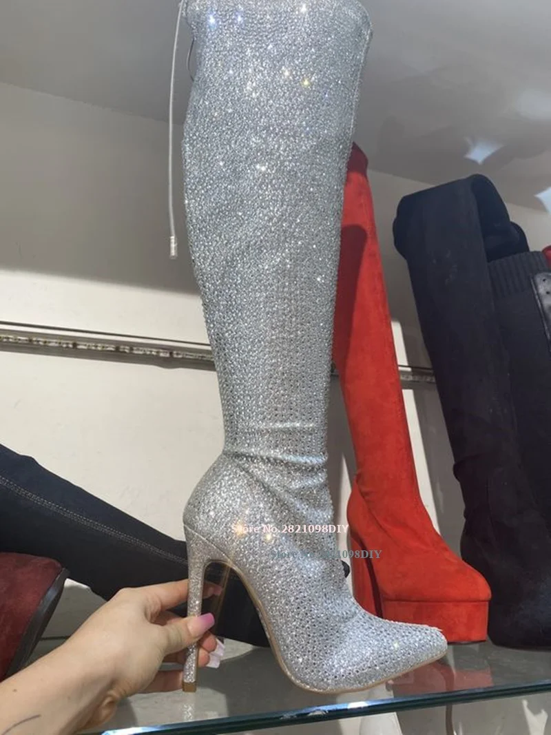 

Silvery Black Diamante Crystal Over The Knee Lace Up High Heel Boot Women Stiletto Heeled Glittering Rhinestone Pointy Long Bota
