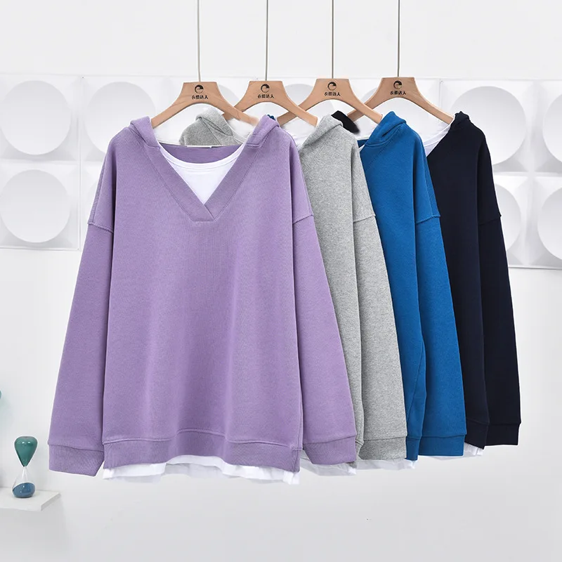 

Autumn Winter Women Hoodies Hooded Loose Sweatshirts Women Pullovers Casual Fake Two Pieces Pullovers for Women Sweatshirts