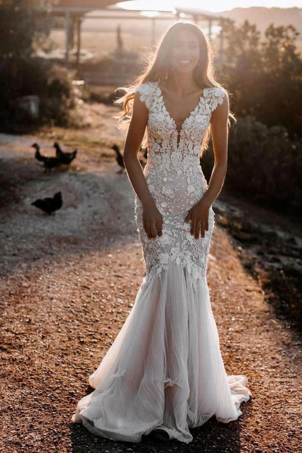 

Elegant Mermaid Beach Boho Wedding Dresses 2023 Tulle Lace Appliques Cap Sleeves Robe De Mariee For Women Custom Made Romantic