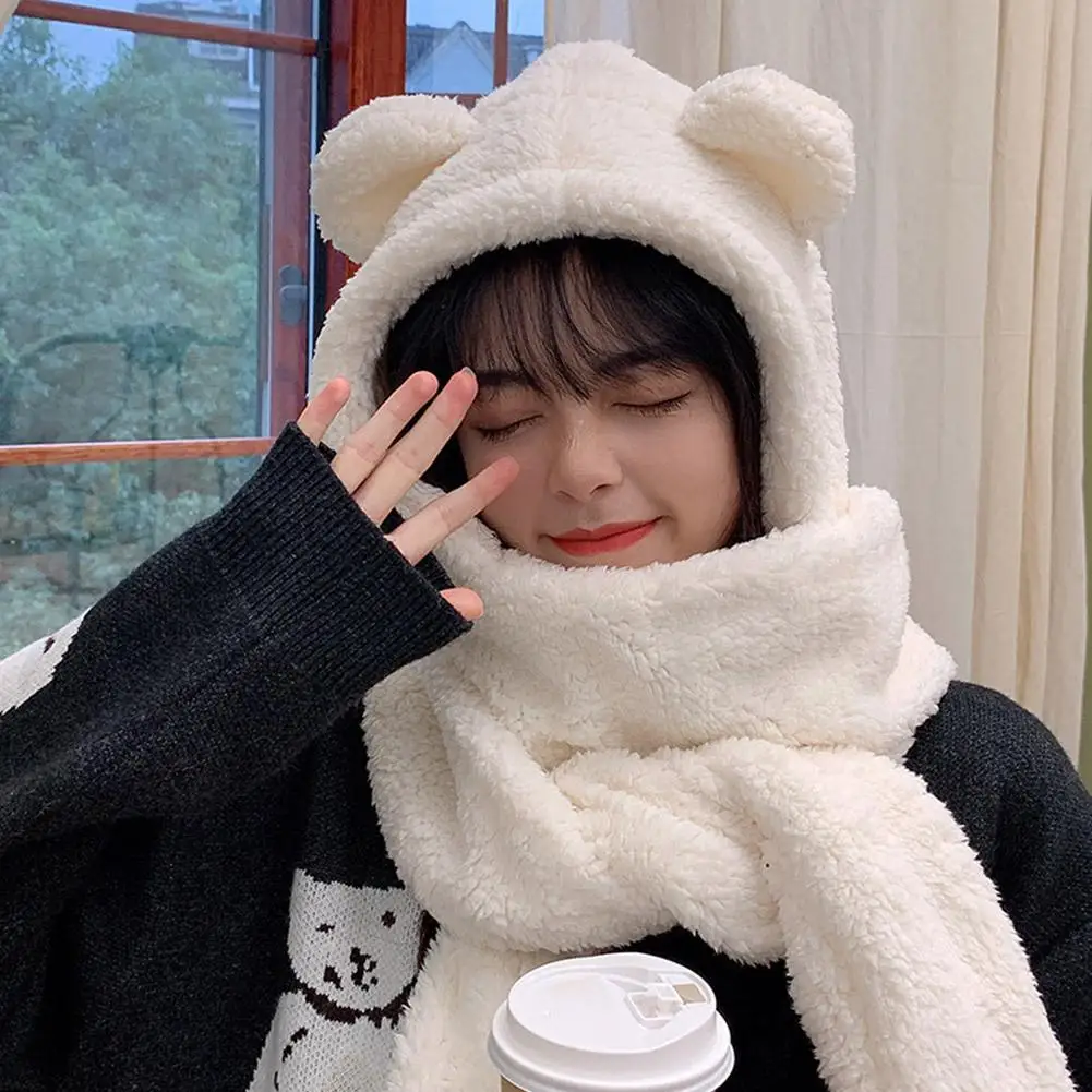 New Fashion Winter Women Novelty Beanies Caps Warm Bear Ear Hat Casual Plush Hat Scarf Set Casual Solid Women Caps Present