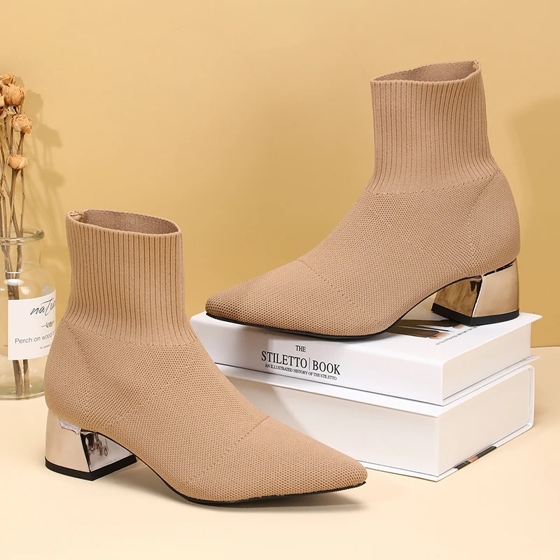 Kcenid Black Knitted Stretch Fabric Socks Boots Women Autumn Winter Shoes Metal Square Heels Pointed Toe Female Ankle Booties