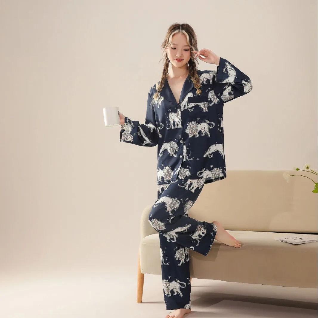 Ice Silk Pajamas Women's Long Sleeve Set Printed Women's Spring Thin Home Clothing sleepwear  pjamas for women  pajama