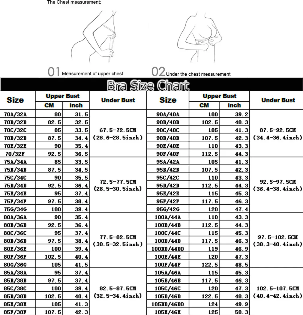 Size Chart for Women's Lace Underwire Bra