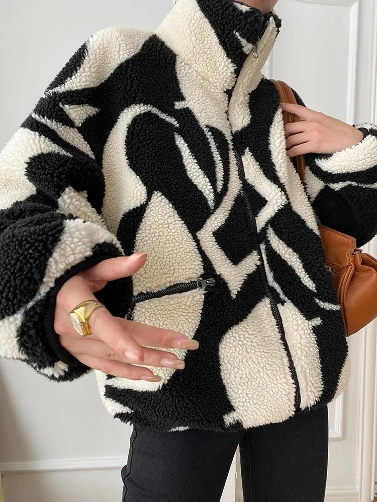 

Women Jacket Loose Fit Black Printed Thick Big Size Warm Velvet Jacket Lapel Long Sleeve Women Coat Fashion Autumn Winter 2023