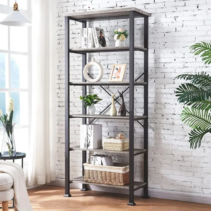 

HOMBAZAAR Bookshelf, 6-Tier Vintage Industrial Book Shelf, Rustic Wood and Metal Bookcase and Bookshelves,Grey Oak