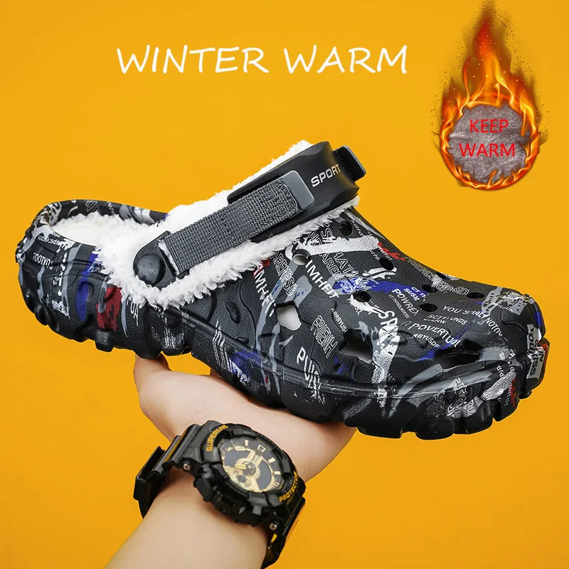New Fashion Winter Slippers Warm Plush Men Slippers Indoor Outdoor Non-slip Men's Cotton Shoes Thick Soled Men Garden Shoes