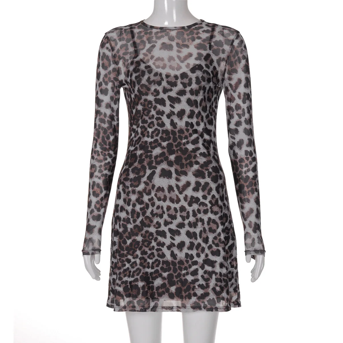 JULISSA MO Conjunto de dos piezas con estampado de leopardo para mujer, vestido sexy transparente de manga larga, vestido femenino de otoño ajustado, elegante, para fiesta y club.