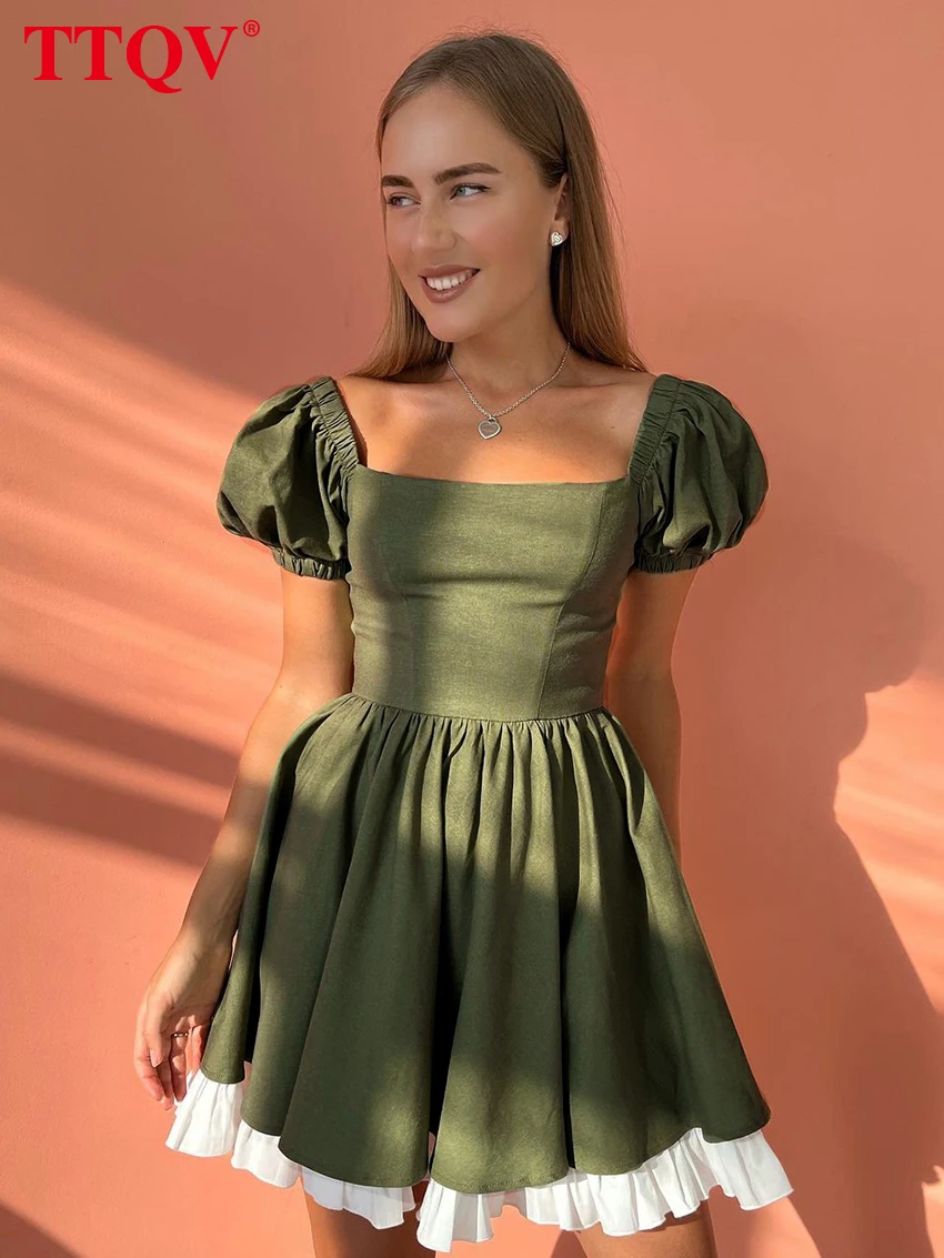 

TTQV Sexy Squar Collar Elegant Dresses For Women Summer Green Short Sleeve Office Mini Dress Fashion Spliced Female Dress