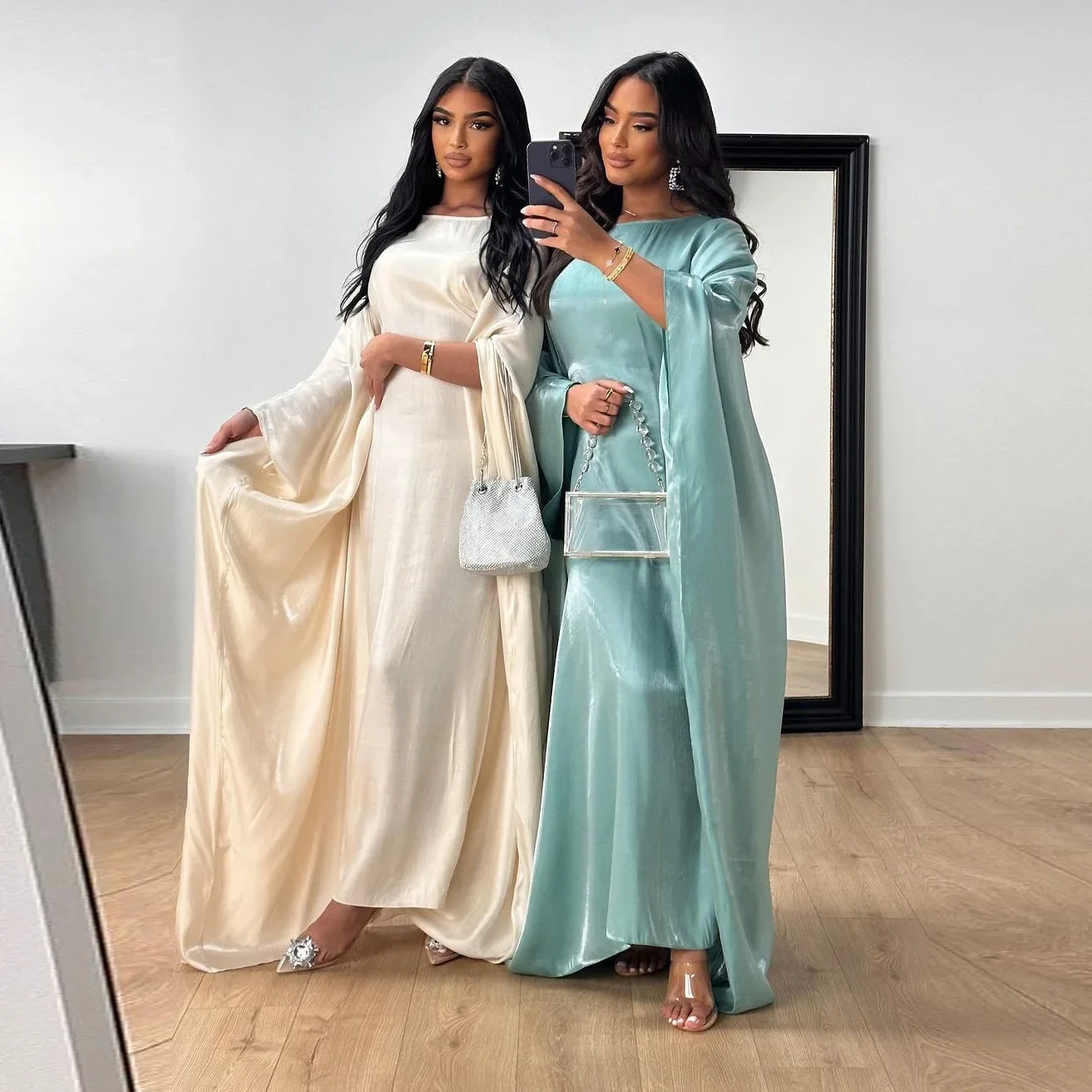 2024 Muslim Dress Women Summer Fashion Muslim Long Sleeve Satin Plus Size Long Abaya Kaftan Abaya Dubai Abaya Muslim Clothes 5