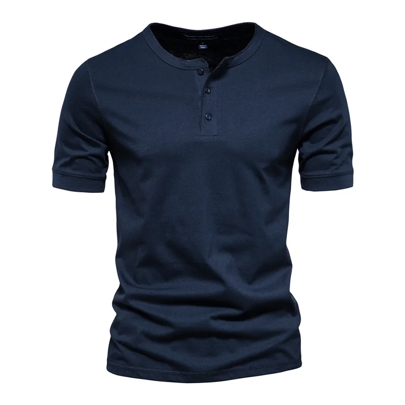AIOPESON 100% Cotton Henley Collar T Shirt Men Casual High Quality