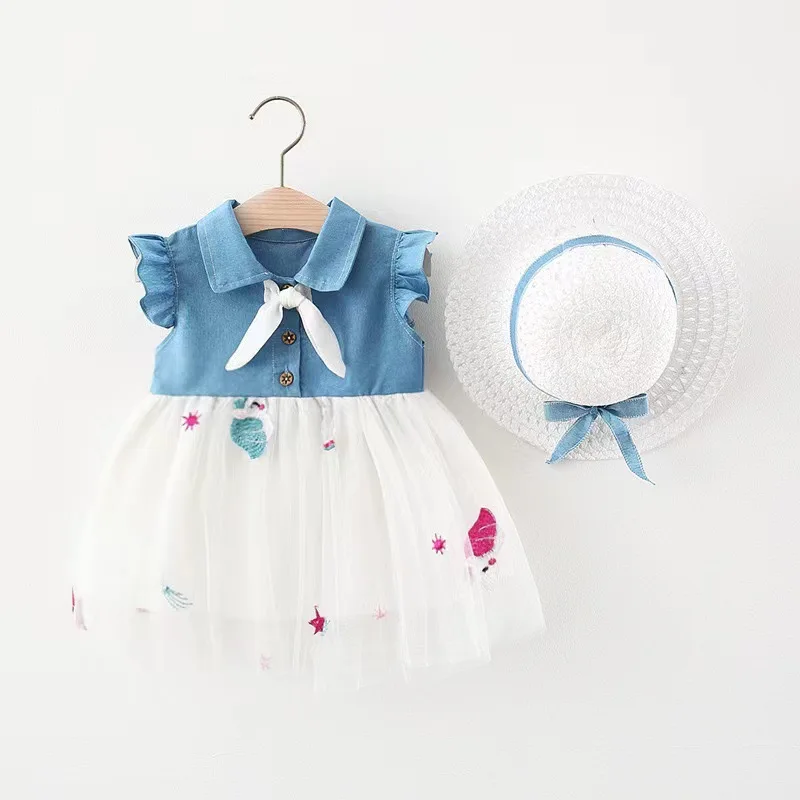 

Летнее корейское платье для маленьких девочек 2024, однобортное газовое платье с лентами для маленьких девочек, хлопковое джинсовое платье с летающими рукавами для маленьких девочек