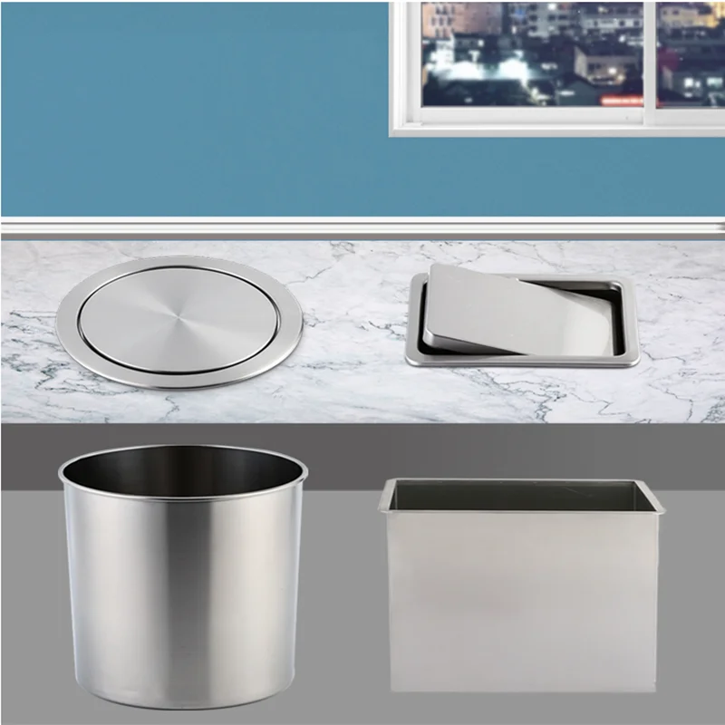 Round Stainless Steel Flap Flush Recessed Built-in Balance Swing Flap Lid Cover Trash Bin Garbage Can Kitchen Counter Top 3