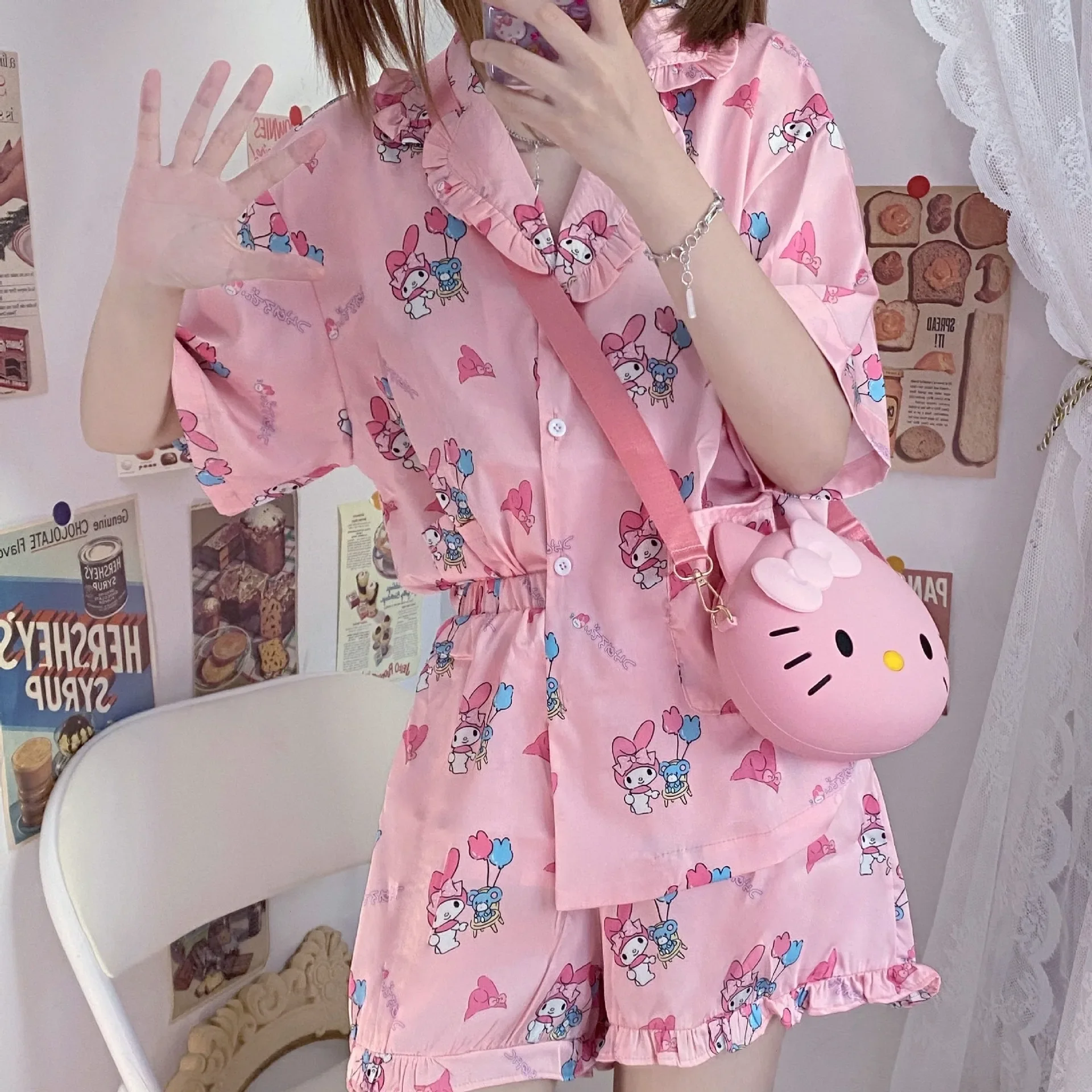 

Sanrio Kawaii Anime Cartoon series hellokitty My melody Kuromi Kawaii Summer Pajamas Cute Lace Summer Pajamas birthday gift