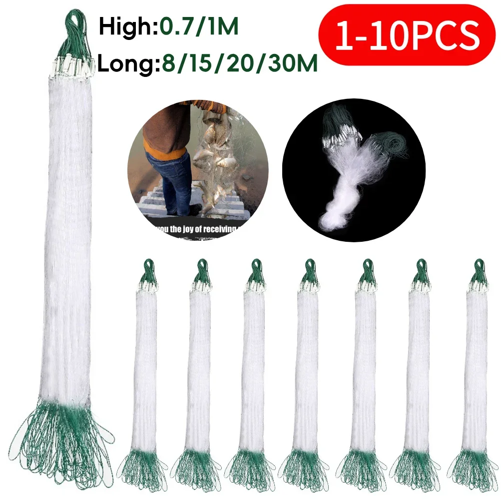 1-10PCS 8/15/20/30M 낚시 그물 물고기 포획망 야외 낚시 도구 삼중 모노필라멘트 그물망