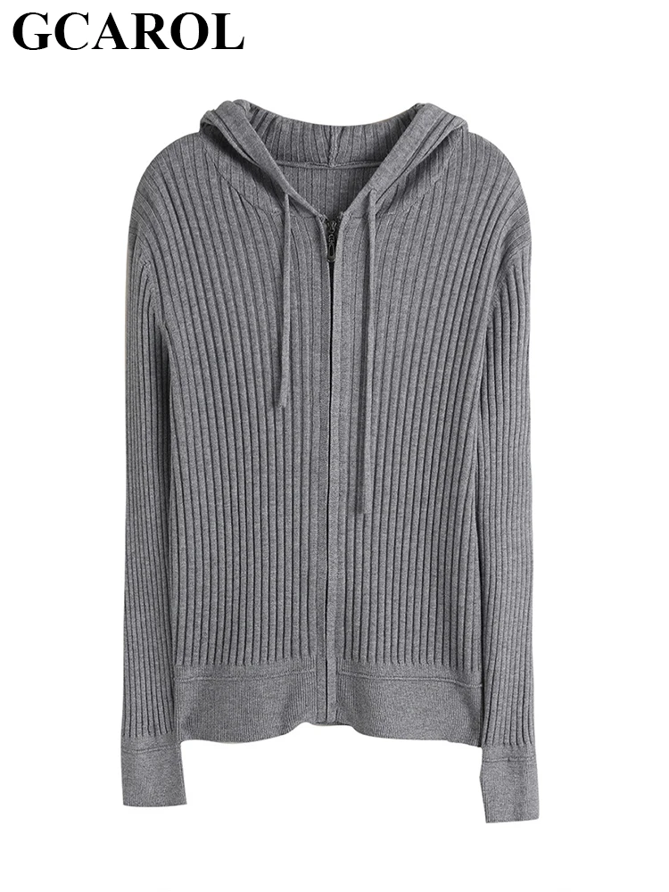 

GCAROL Autumn Winter Women Coarse Stripes Hooded Cardigan Slim Zipper UP Warm Classic Streetwear Rib Knit Knitwear Coat