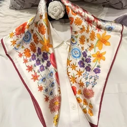 Elegant Red and Blue 100% Mulberry Silk Paisley Scarf for Women - Luxurious Square Neckerchief (Floral beige)