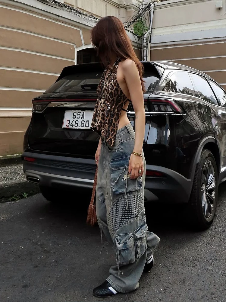 Nibber Leopard Print Sequins Women Vest Backless Halter v-Neck Lace-Up Sleeveless Street Skinny Wild Summer Trend Versatile Tops