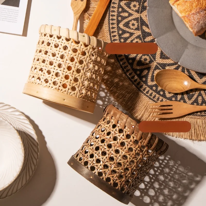 

New Japanese Style Creative Rattan Pen Holder Kitchen Tool Knife and Fork Student Office Desktop Makeup Brush Storage Baskets