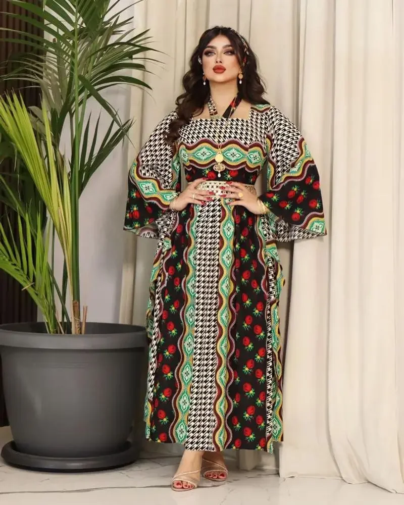 Muslim Middle East Printed Kraftan Robes Vintage Flare Sleeves Halter Elegant Women Dubai Abaya Party Dresses