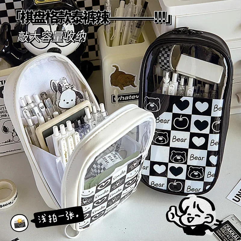 체커보드 대용량 펜 가방, 큰 카와이 필통, 한국 문구류, 귀여운 연필 파우치, 학생용 학용품 