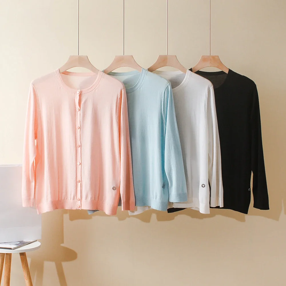 

2024 Spring and Summer New Silk Wool Round Neck Simple Casual Solid Color Thin Knitted Women Cardigan