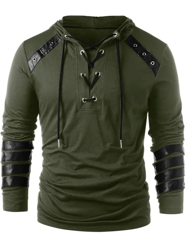 Men's Knight Drawstring Lace Up Pullover Hoodie Steampunk Long Sleeve Hooded Sweatshirt Black, Gothic Victorian Style