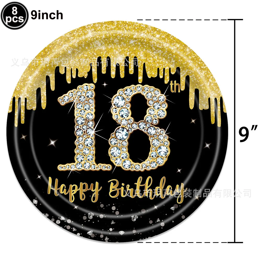 Description Picture 2 of item18th 30th 40th 50th Birthday Party Disposable Tableware Women Men Birthday Party Decor Black Gold Happy Birthday Party Supplies