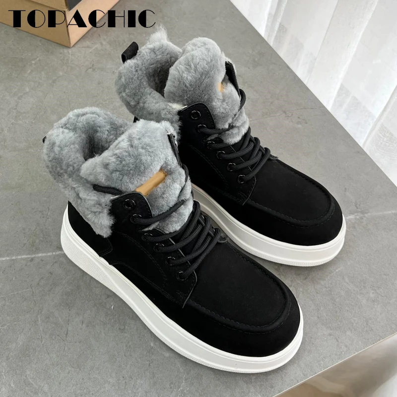 

12.18 TOPACHIC Women's Winter New Snow Boots Genuine Leather Lace-Up Wool Shearling Height Increasing Ankle Boots