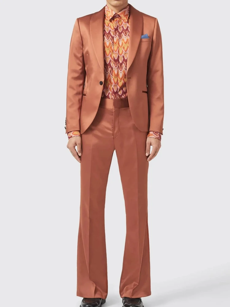 

Bridalaffair Mens Dark Orange Satin Suits Shawl Lapel Wedding Suit for Men One Button Prom Costume Homme 3pcs Blazer Vest Pants