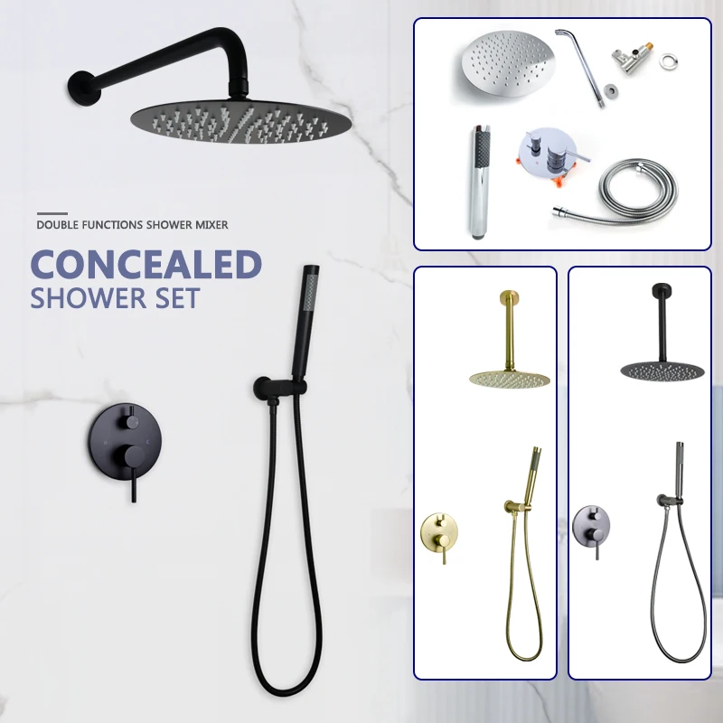 

8-дюймовый круглый верхний душевой набор, ручка из нержавеющей стали, черный цвет, фотоэлемент с клапаном смесителя горячей/холодной воды, хромированный, золотой, серый