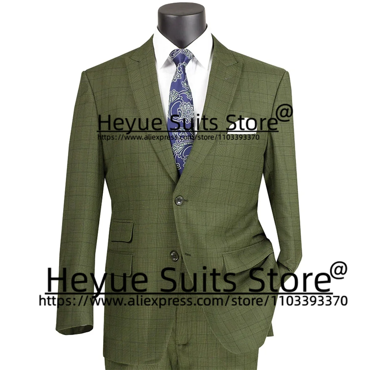 

Business Green Plaid Men Suits Slim Fit Custome Peak Lapel Groom Formal Tuxedos 2 Pcs Sets Work Office Male Blazer Costume Homme