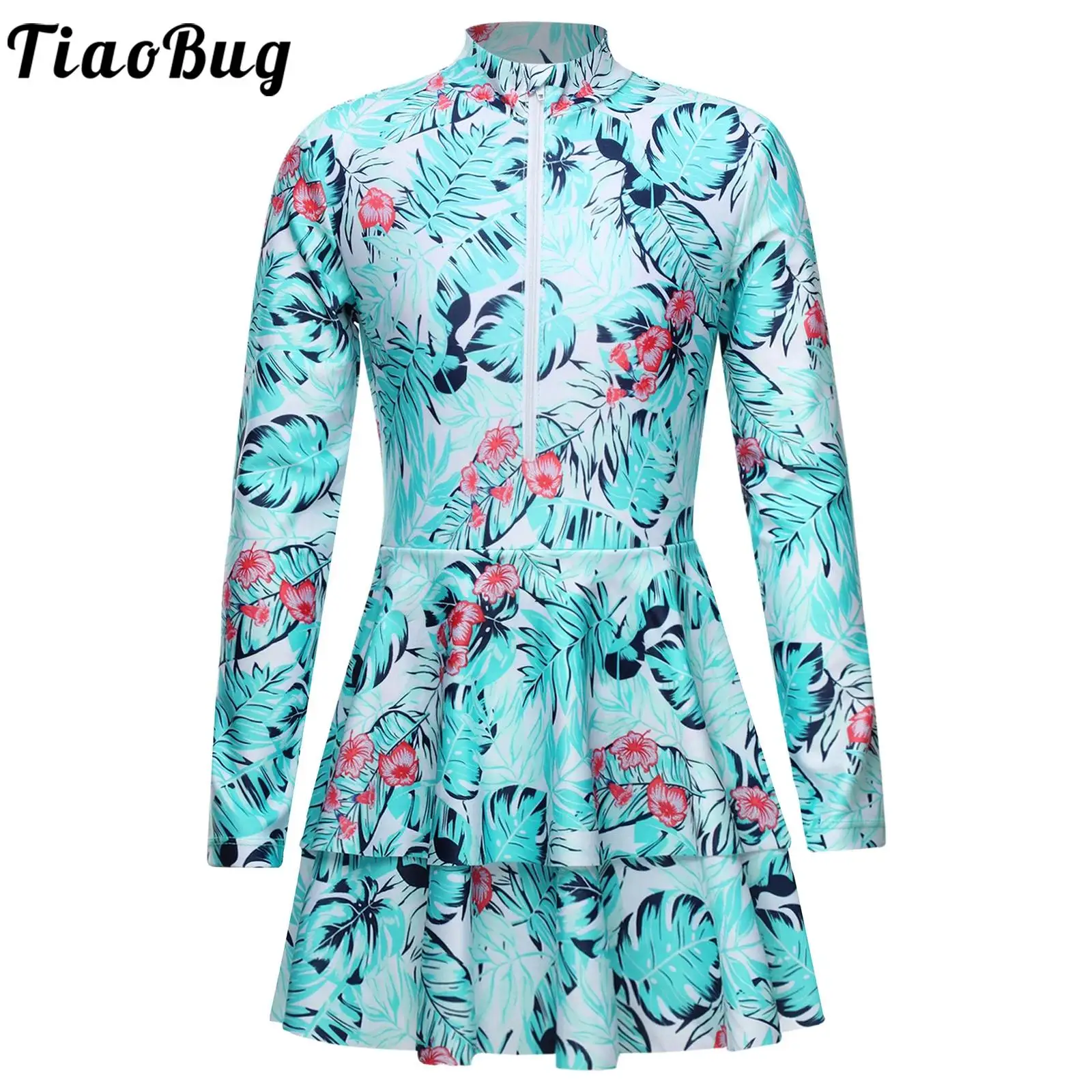 

Kids Girls Floral Print One-piece Swimsuit Long Sleeve Front Zipper Ruffle Swim Dress UV UPF 50+ Rash Guard Swimwear Beachwear