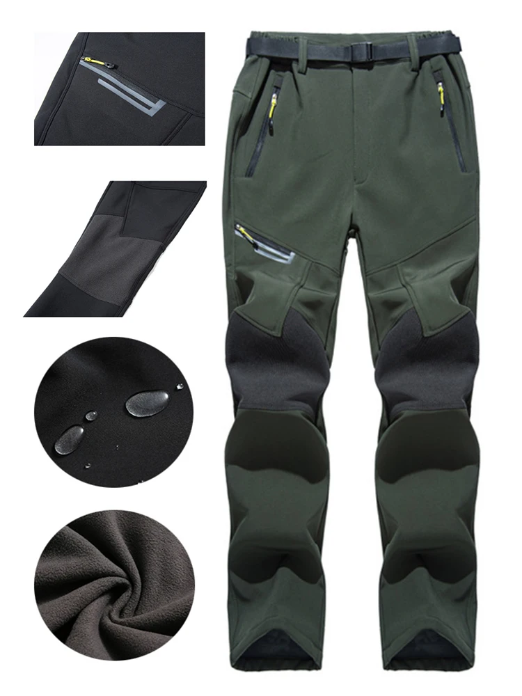 Men And Women Winter Waterproof And Windproof Outdoor Hiking Pants, Wool Soft Shell Skiing Pants With 4 Zipper Pockets