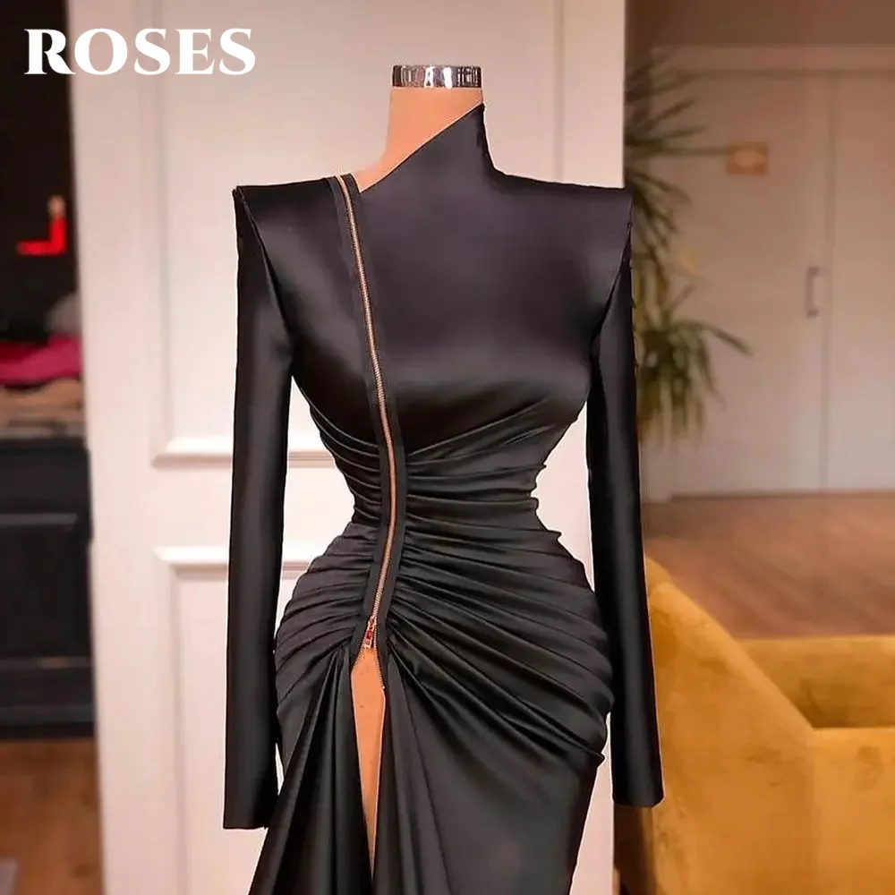 

ROSES Black Evening Dress Fashion Long Sleeves Satin Party Dress Zipper Mermaid Chic Floor-Length 프롬드레스 Side Split Prom Dress
