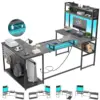 Vabches Computer Desk with Monitor Stand&LED Light Reversible Gaming Desk with Charging Station&Storage Shelves for Home Office 1