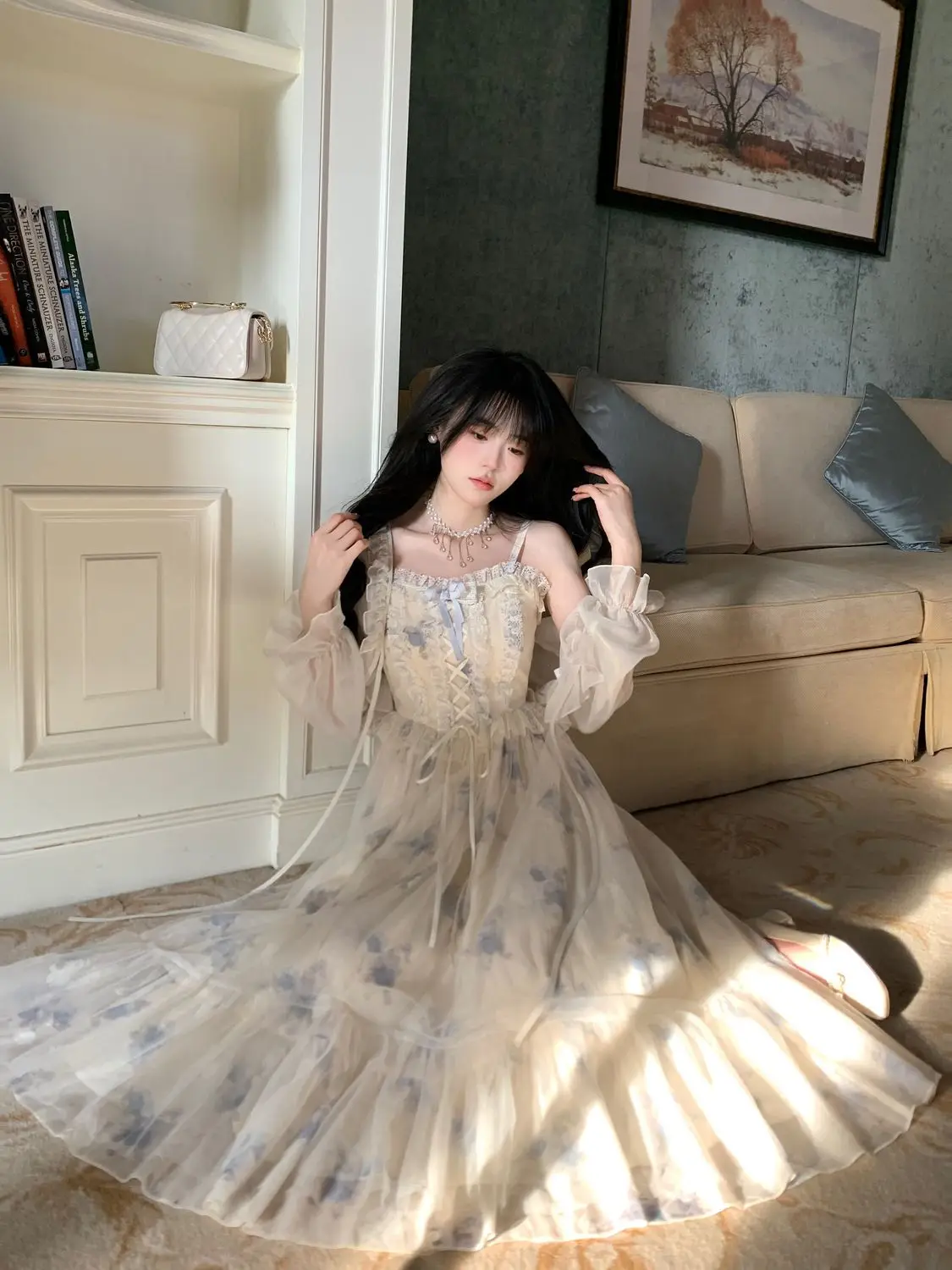 NIGGEEY 달콤한 프린트 메쉬 패치워크 레이스 테두리 서스펜더 원피스 페어리 롱 원피스, 나무 귀 레이스 업 가디건 세트, 용수철 여름