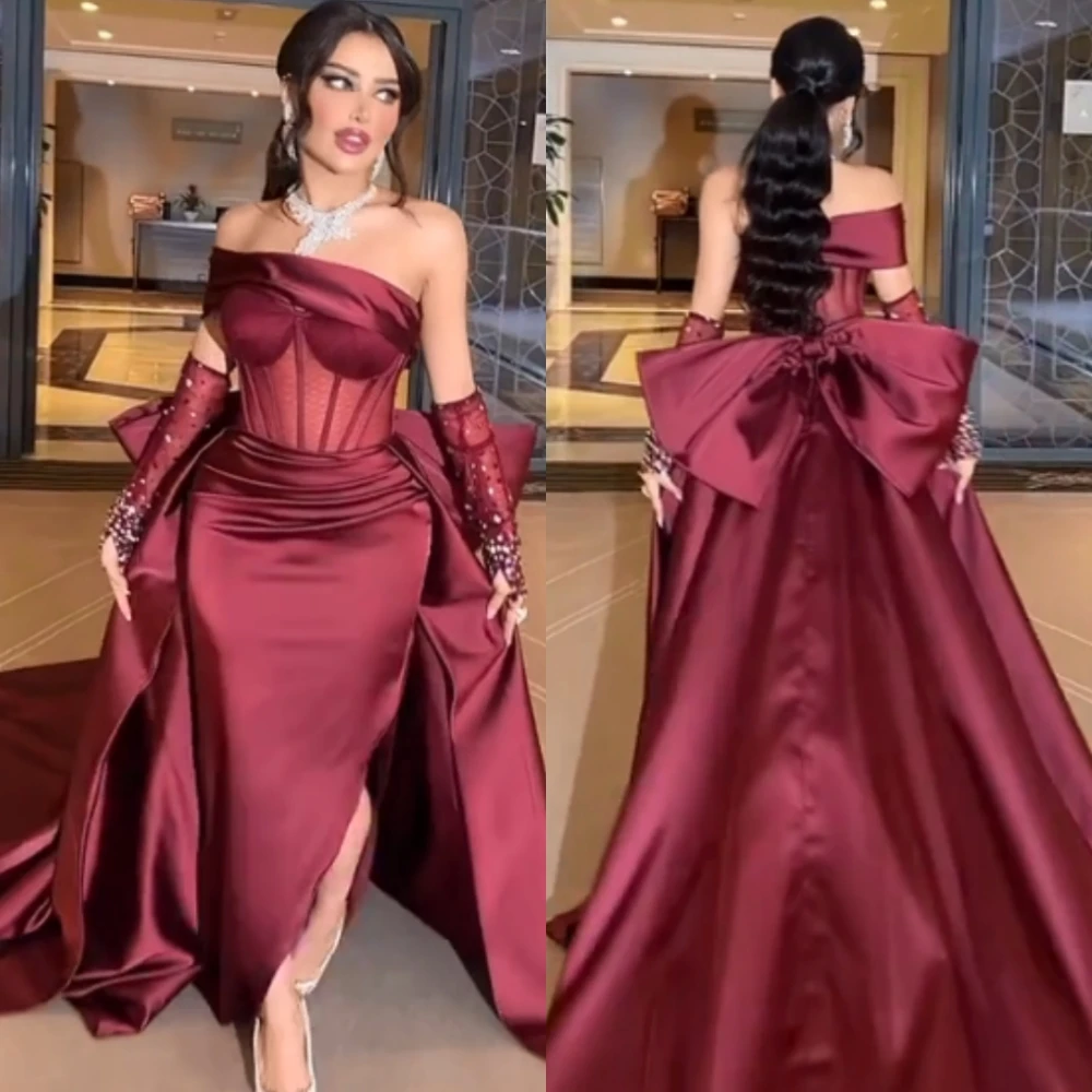 

Prom Dress Evening Satin Rhinestone Bow Pleat Birthday Sheath Strapless Bespoke Occasion Gown Long Dresses Saudi Arabia