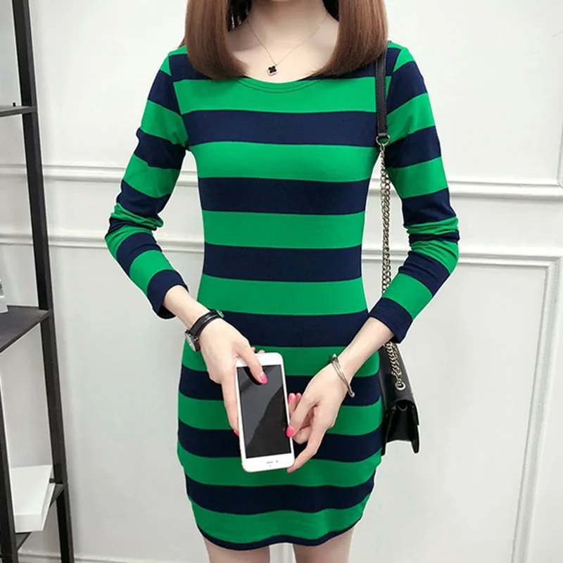 

Women's Striped Long-sleeved Dress Spring Comfortable Slim Cotton Round-neck Wrap Hip Home with Basic Multi-color Dress 2023